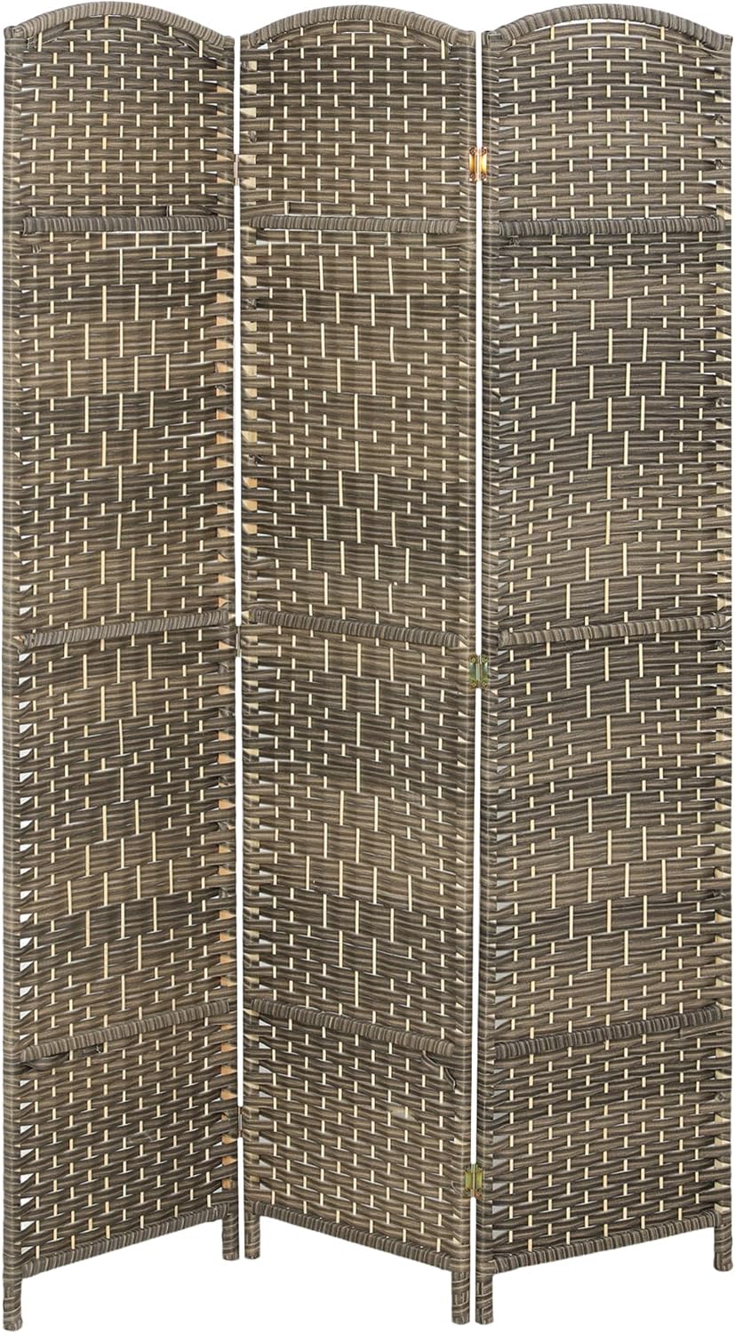 HOMCOM 3 Panel Room Divider, 6' Tall Folding Privacy Screen, Hand-Woven Freestanding Wall Partition for Home Office, Bedroom, Dark Rustic Oak