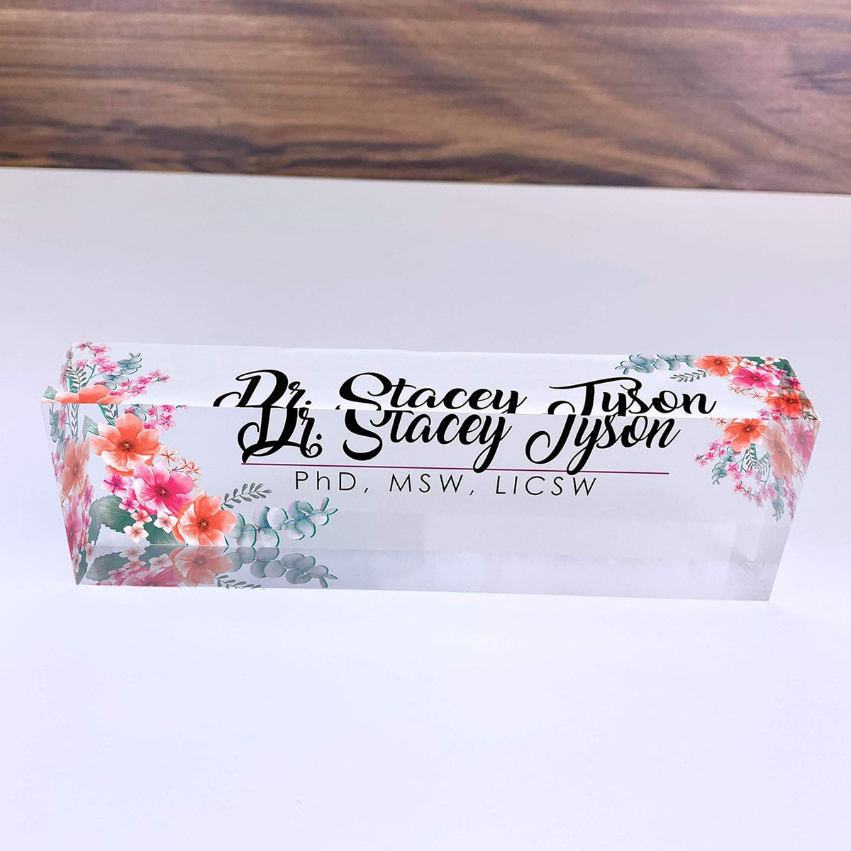 Artblox Office Desk Name Plate Personalized | Custom Name Plates for Desks | Flowers Wild Design On Clear Acrylic Glass | Office Desk Decor - (8" x 2.5")