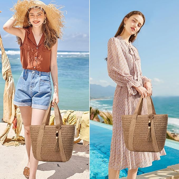 Straw Beach Bags for Women Woven Beach Tote Bag Casual Boho Large Shoulder