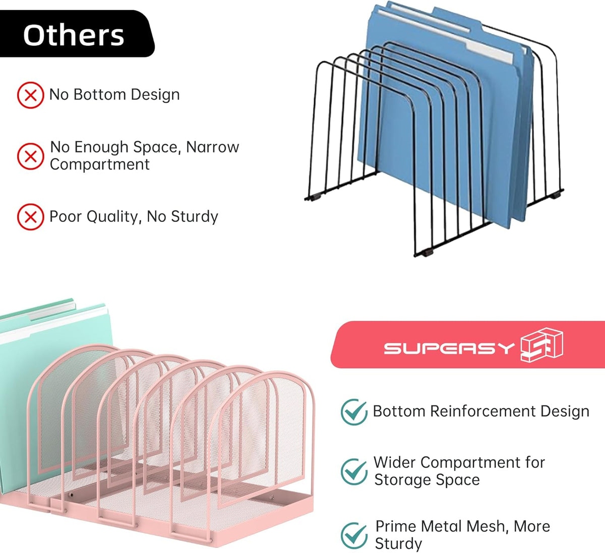 SUPEASY File Organizer 9-Section Mesh Desk Organizer, Upright File Organizer Desktop Organizer File Sorter, File Folder Holder for Office Supplies, Pink