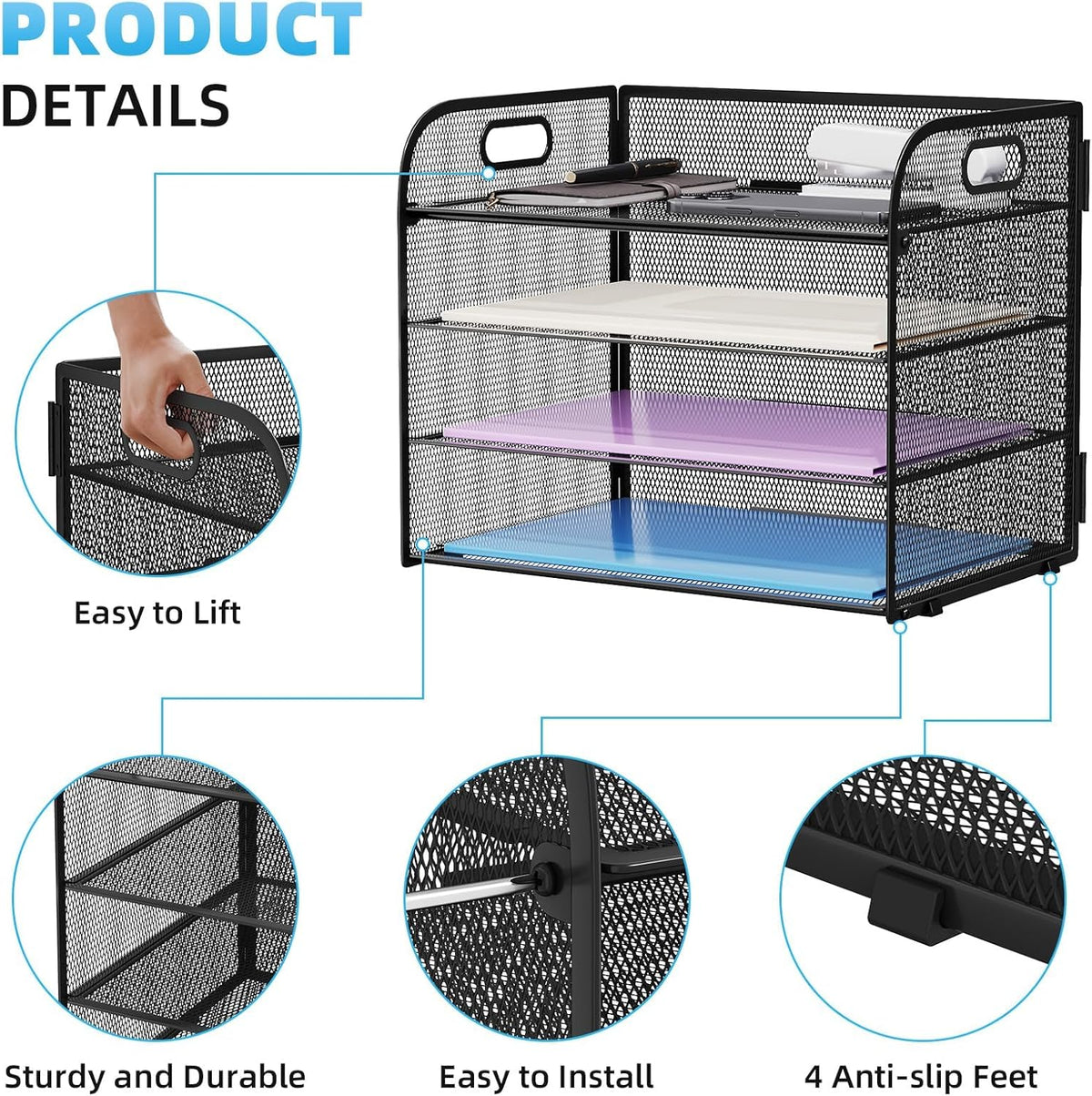 Marbrasse 2 Pack 4 Tier Paper Organizer Letter Tray - Mesh Desk File Organizer with Handle, Paper Sorter Organizer for Letter/A4 Office File Folder Holder (Black, 12.6" x 9.1" x 10.7")
