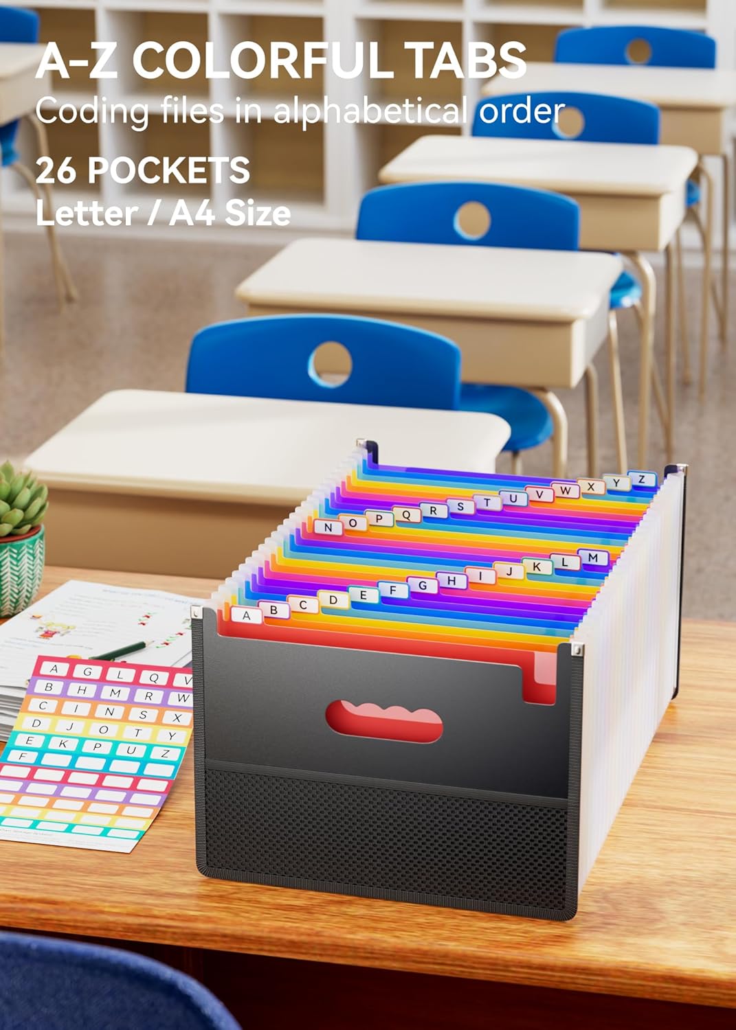 ABC life 26 Pockets Accordion File Organizer,Expanding Filing Box with Mesh Bag,Expandable A4/Letter Size Folder, Accordian Document Organizer,Portable Bill/Receipt Folders with A-Z Alphabetical Tabs