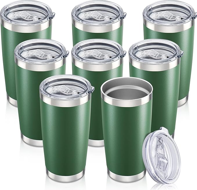 20 oz Tumbler with Lid Stainless Steel Insulated Tumblers Bulk Double Wall Vacuum Cups Powder Coated Travel Mug Keep Drink Cold and Hot, Dark Green, 8 Pack