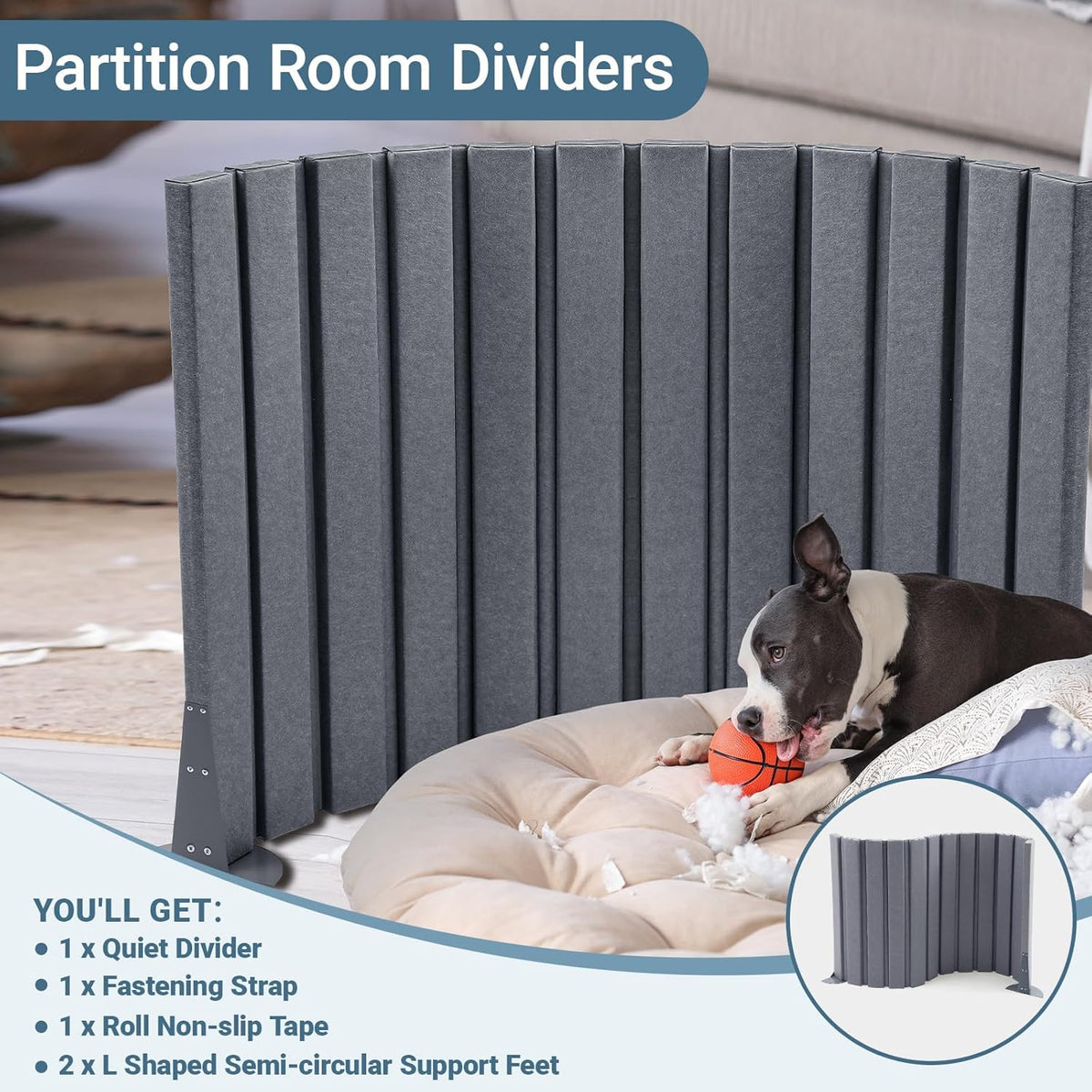 Soundproof Room Divider Panel, Foldable Acoustic Partition Wall with Stand and Straps, Freestanding Privacy Screen for Office Study Bedroom Studio Library, Grey(48" X 6')