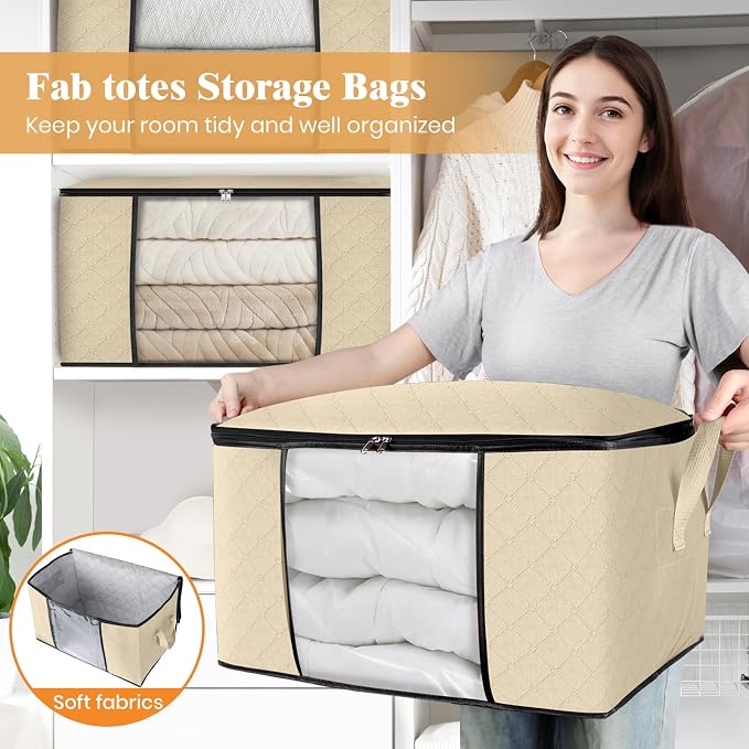 Fab totes 6 Pack Clothes Storage, Foldable Thick Fabric Blanket Storage Bags