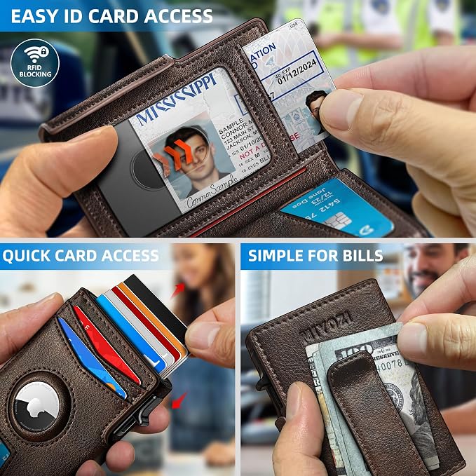 Airtag Wallet for Men, with Money Clip 10 Cards Metal Case Smart Slim Pop Up