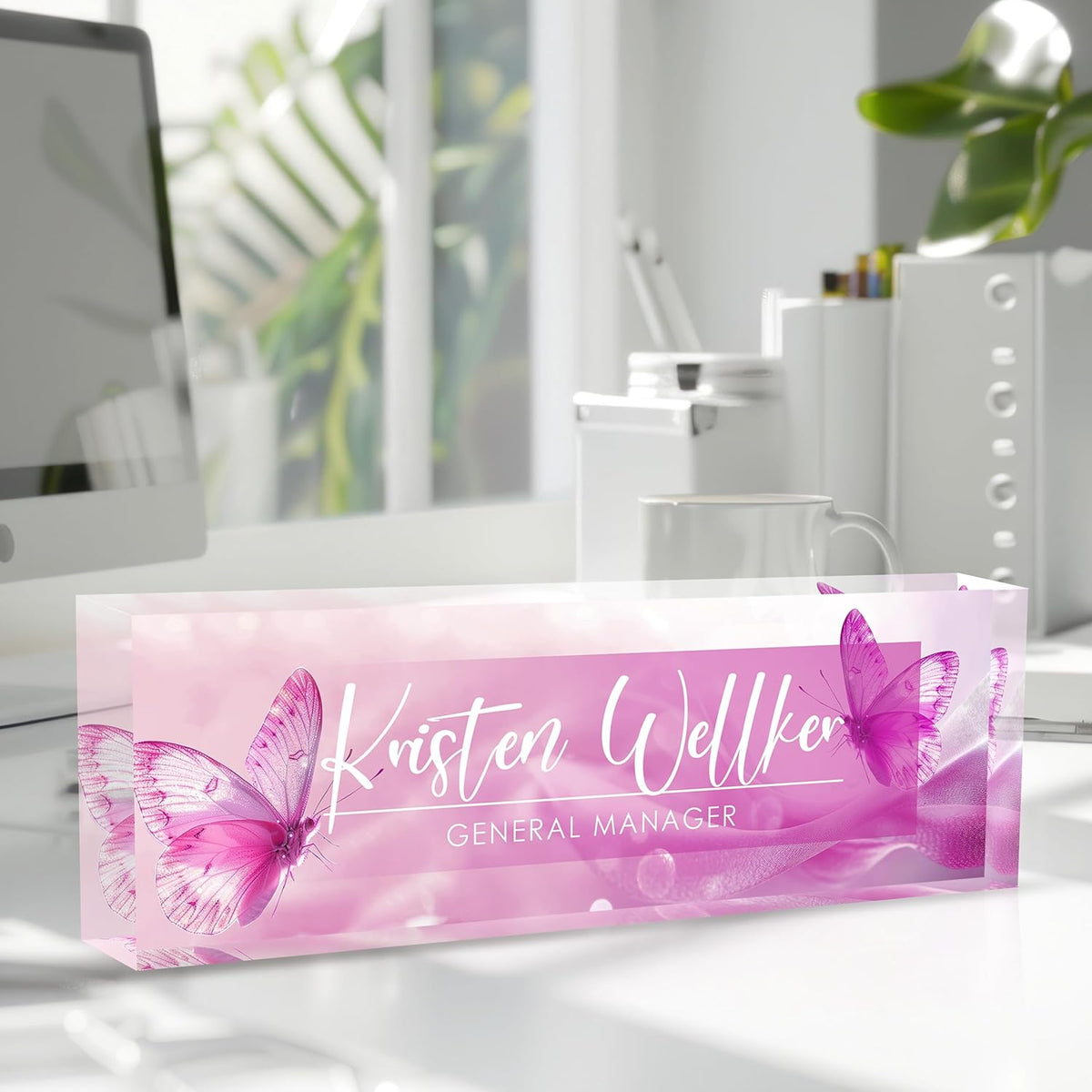 Custom Office Name Plate for Desk, Desk Name Plate Personalized, Personalized Gifts for Women, Appreciation Gifts for Employee Coworkers Boss Teacher, Office Accessories (Purple Butterfly)