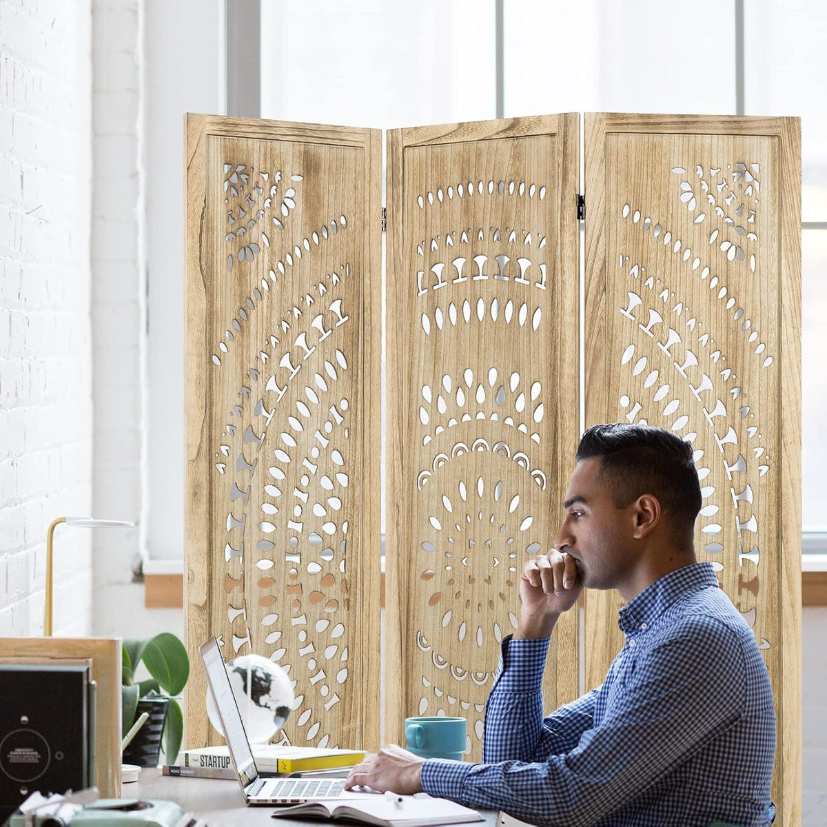 3 Panel Handcrafted Carved Room Divider Screen, 360° Adjustable Wood Folding Privacy Screens for Room Separation, 66.9 Inch Partition Room Dividers for Home Bedroom Office, Natural
