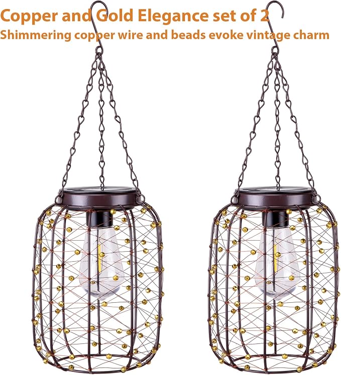 Hanging Solar Lanterns Outdoor Waterproof, Vintage Copper Hanging Lantern Lights