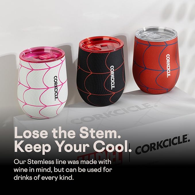 Corkcicle Stemless Insulated Wine Glass Tumbler - Beverages Cold 6 & Hot 3 Hours - Stainless Steel - Easy-Grip - Summer Drinkware Gift - Keeps Drinks Ice - 12 oz - Spider-Man