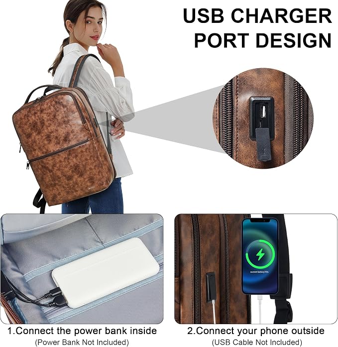 Vegan Leather Laptop Backpack for Women&Men, 16 Inch Expandable Backpack