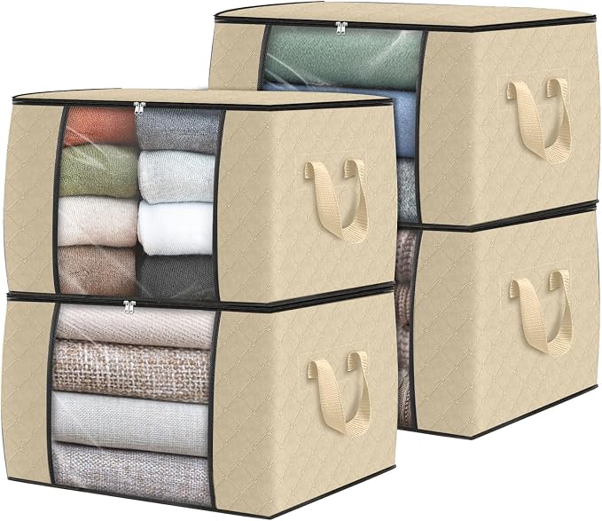 Fab totes 4 Pack Clothes Storage, Foldable Thick Fabric Blanket Storage Bags