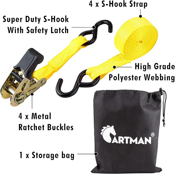 Cartman Ratchet Tie Down, 4Pk 15Ft, 500Lbs Load Cap/ 1500Lbs Break Strength