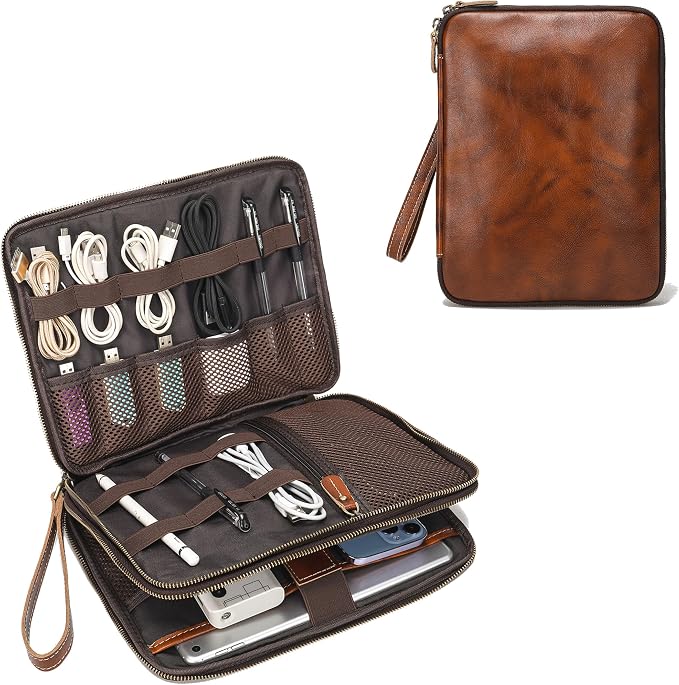 LANNSYNE Full Grain Leather Travel Cable Accessories Bag, Electronic Organizer