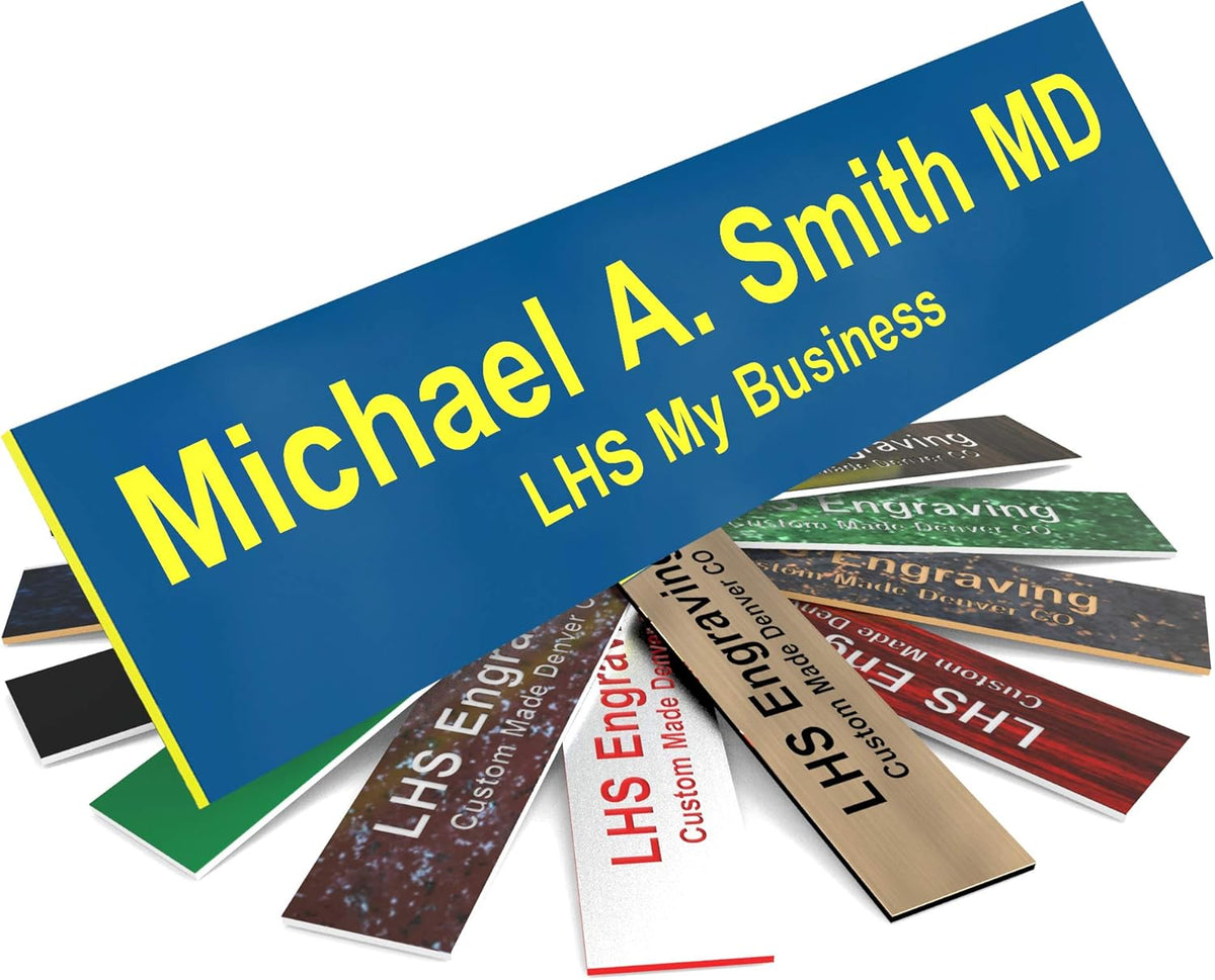 Engraved Door Signs for Office Personalized Blue Plastic Door Plaque with Yellow Letters - Made in USA 2x10 B20