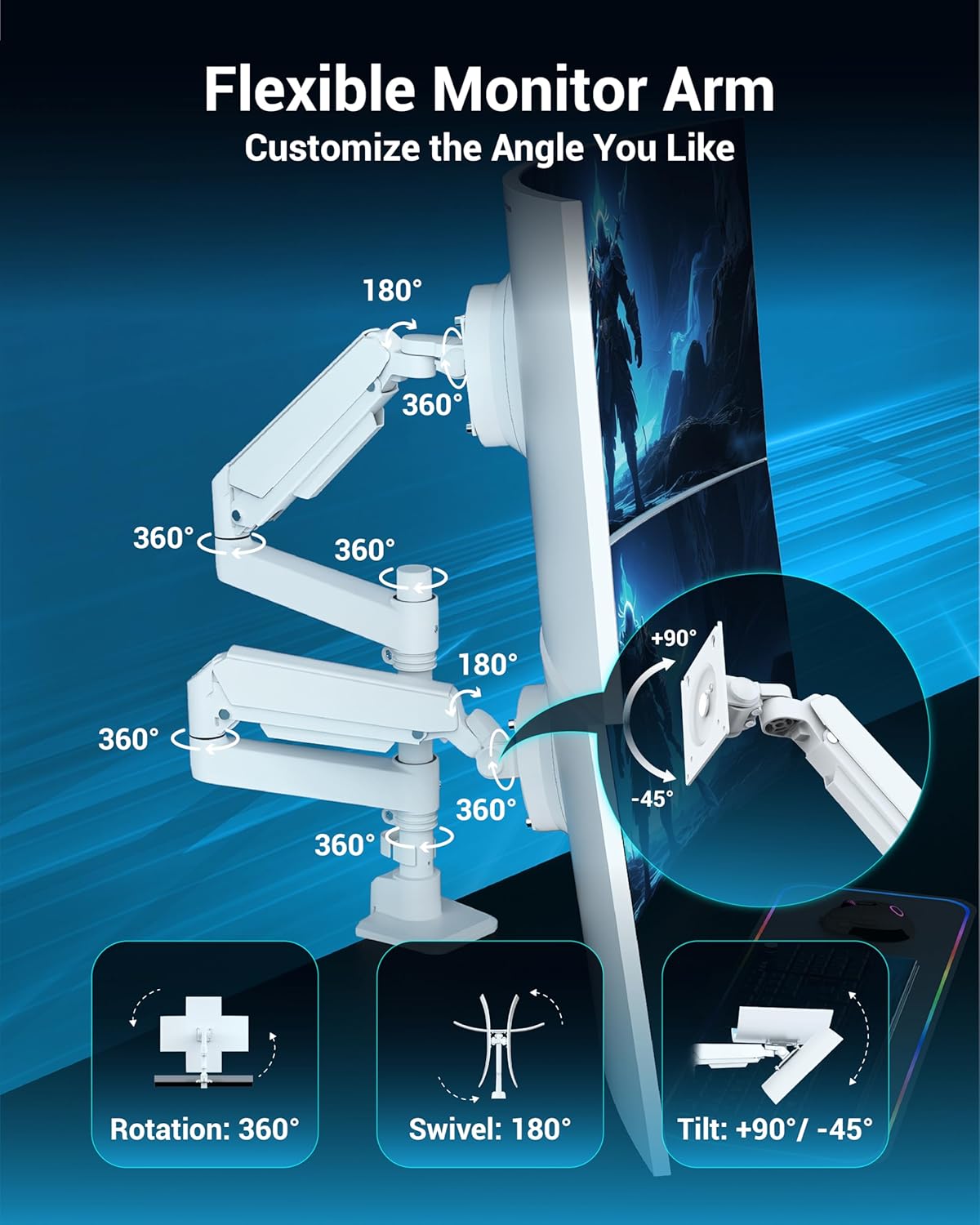 Dual Monitor Arm for 13-49 Inch Ultrawide Screens, Heavy Duty Monitor Mount for 2 Monitors up to 44lbs, Full Motion Vertical Stacked Dual Monitor Arm Desk Mount, 75/100mm VESA Mount, White