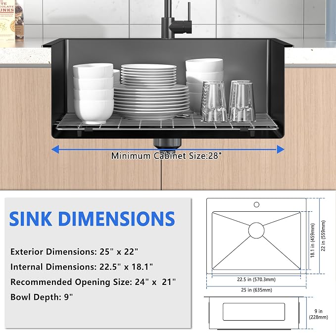 25x22 Inch Black Drop In Kitchen Sink, 25 Inch Gunmetal Black Kitchen Sink Top