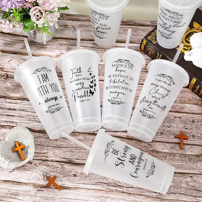 Havawish 24 Pcs Mothers Day Christian Tumbler Gift Bulk Religious Inspirational 24 oz Drinking Jesus Cup with Lid Straw Bible Verse Plastic Cup for Church Father Teacher First Communion (Clear)