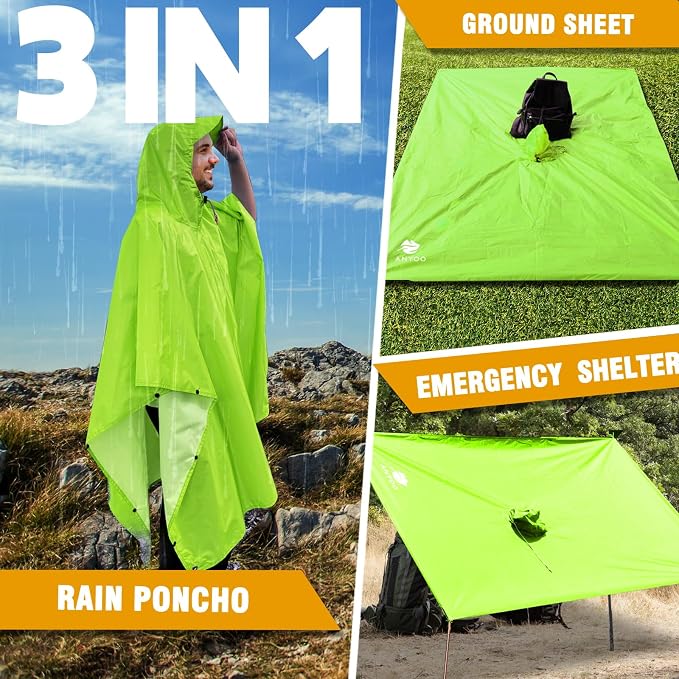 ANYOO Hooded Rain Poncho for Adults Waterproof Lightweight Rain Coat for Men