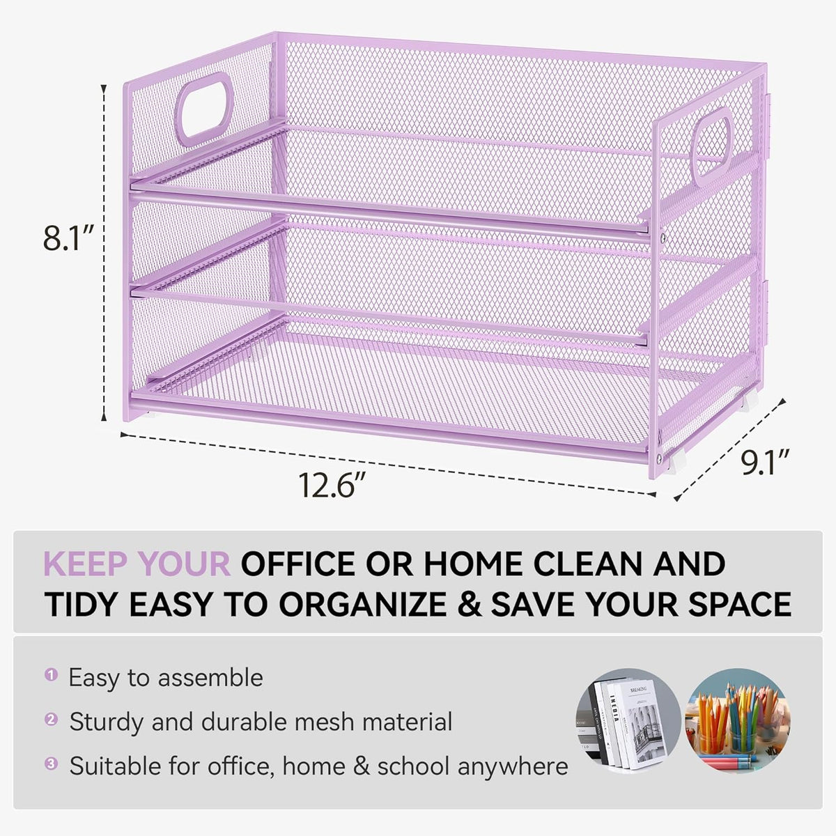 Subekyu 3 Tier Letter Tray Paper Organizer with Handle and 1 PC Sliding Tray, Purple Metal Mesh Desk File Folder Paper Sorter Organizer for Home Office School Desk Supplies Organization Storage