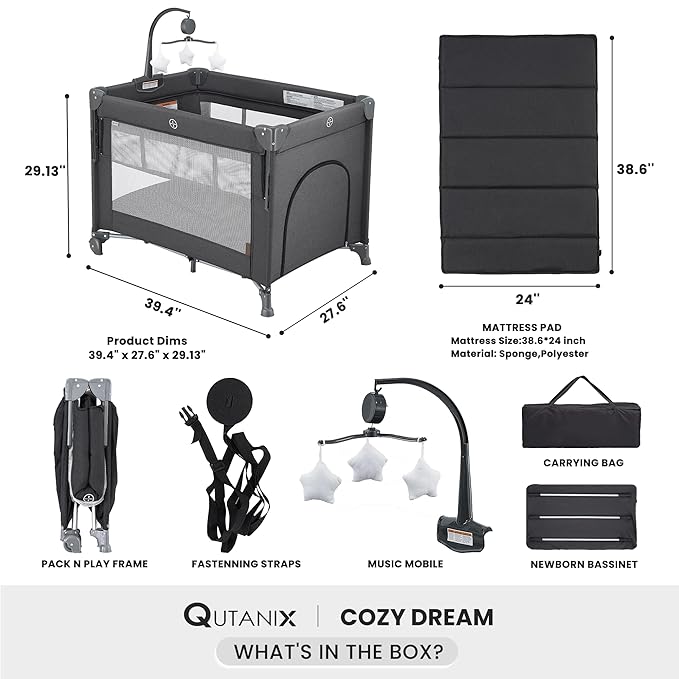 2-in-1 Pack and Play with Mattress, Baby Bassinet Bedside Sleeper, Bedside