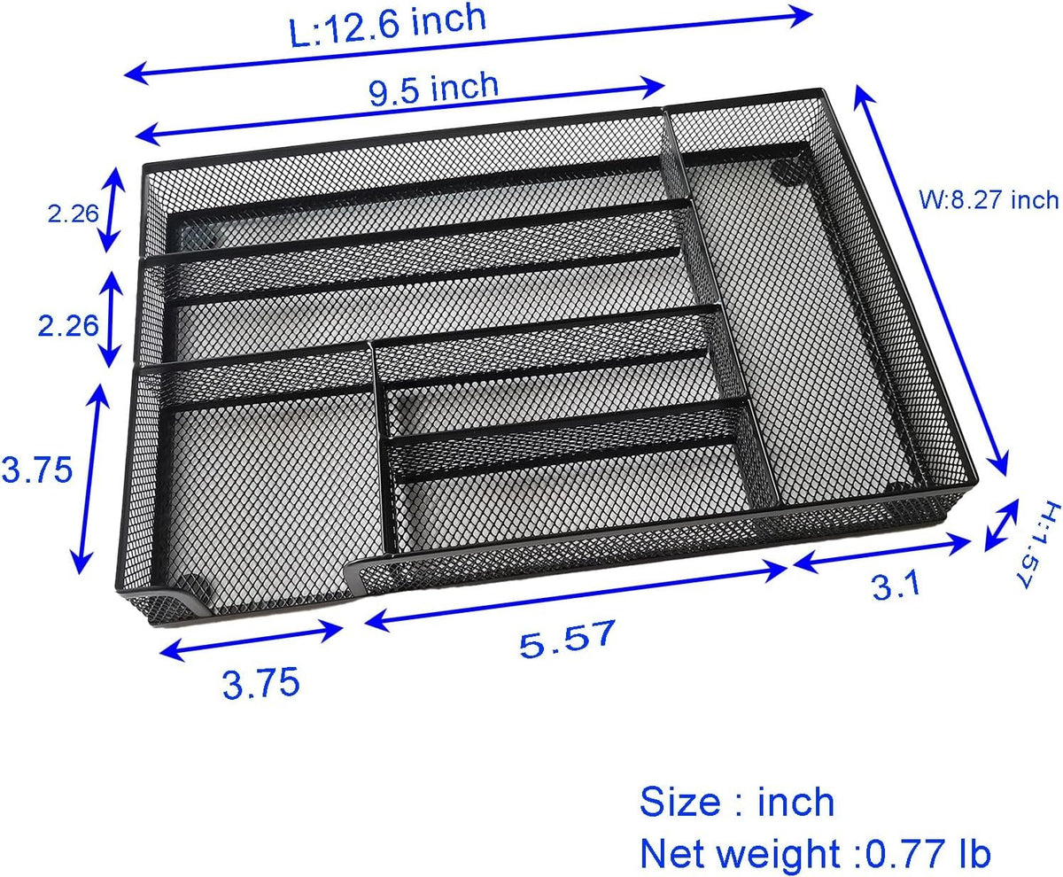 New Desk Drawer Organizer Metal Mesh Drawer Organizer Tray for Office School or Home Supplies Desktop Storage Stationery, 6 Compartments, 12.6 x 8.27 x 1.57 inch，Black (2pc pack)