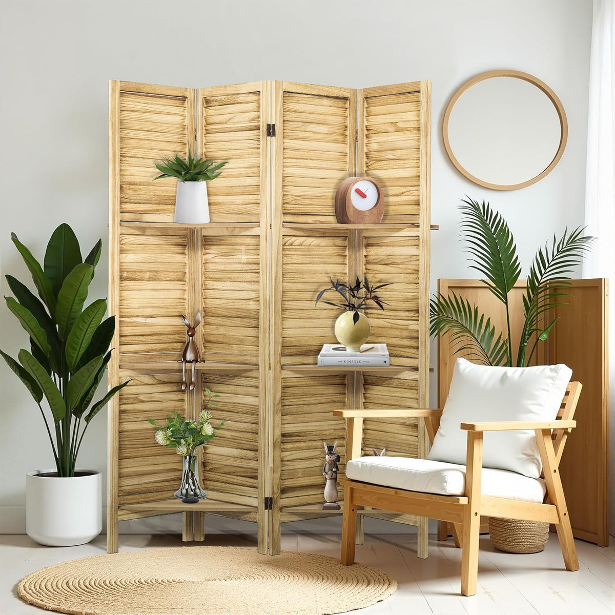 4 Panel Room Divider with Shelves, 5.6FT Folding Room Divider Screen, Free Assembled Freestanding Partition for Home Office Bedroom, Wood