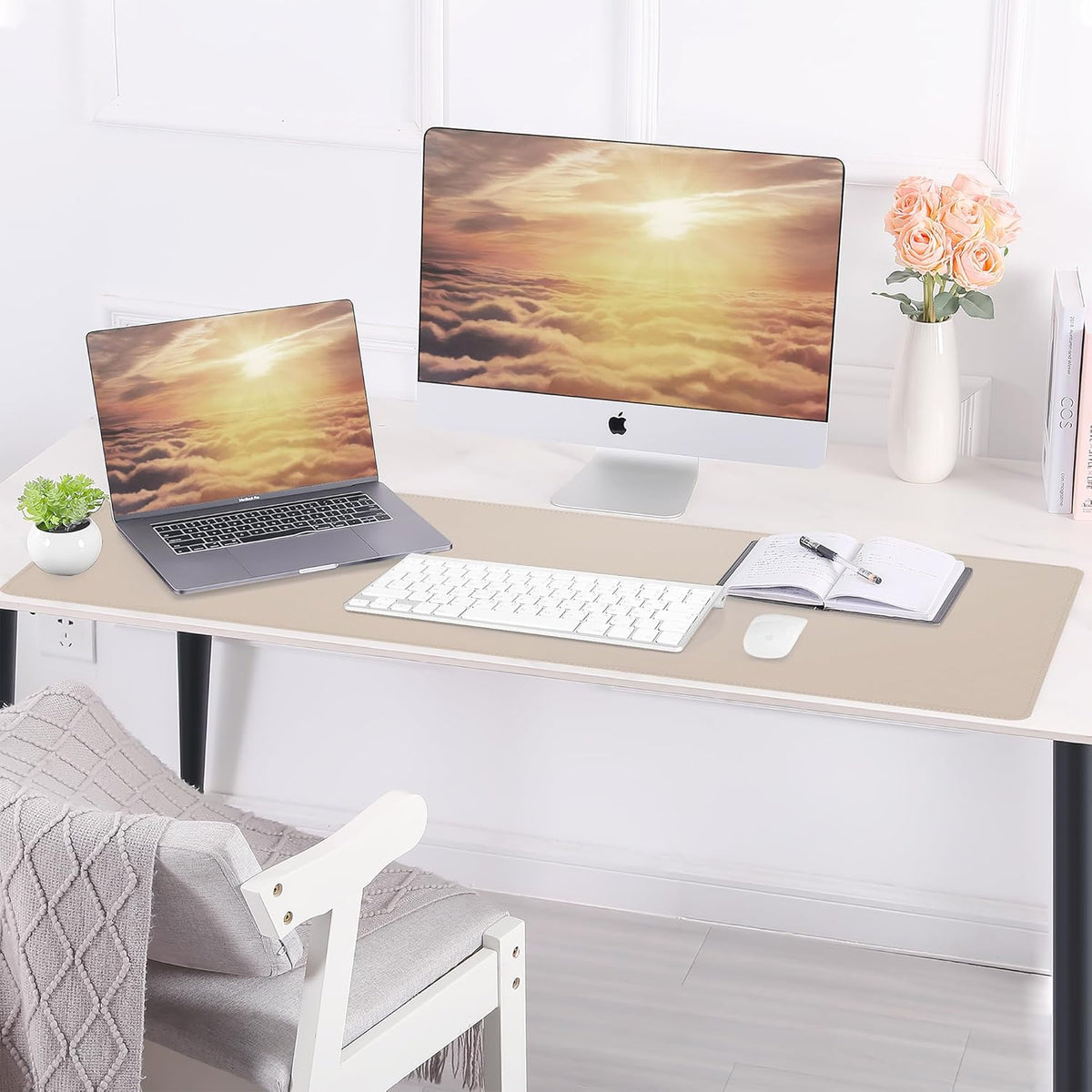 AFIING Leather Desk pad Protector, Large Non-Slip Office Desk Mat with Natural Cork & PU Leather, Waterproof Writing Mouse Pad for Office and Home (23.6in*13.7in, Beige)