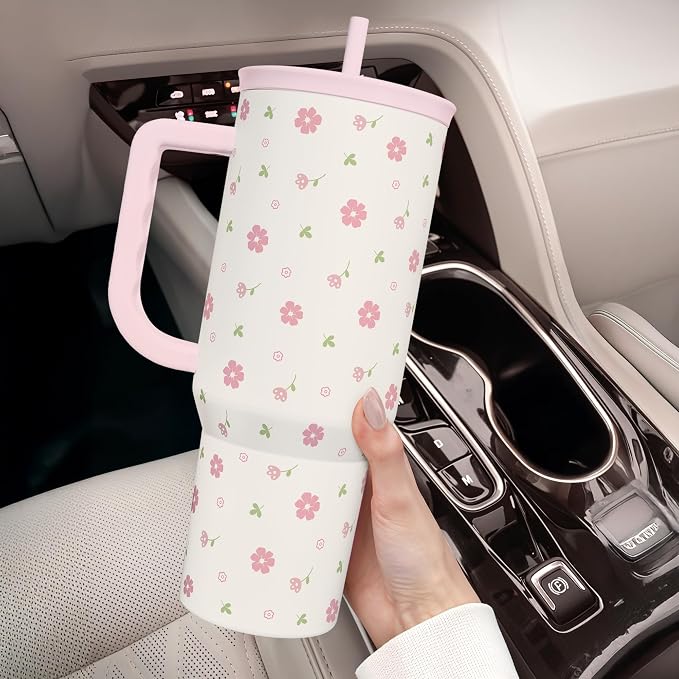 Floral 40oz Tumbler with Handle and Straw – Flowers Insulated Stainless Steel Travel Coffee Mug for Women Girls - Gift Idea for Birthday Christmas Mothers Day