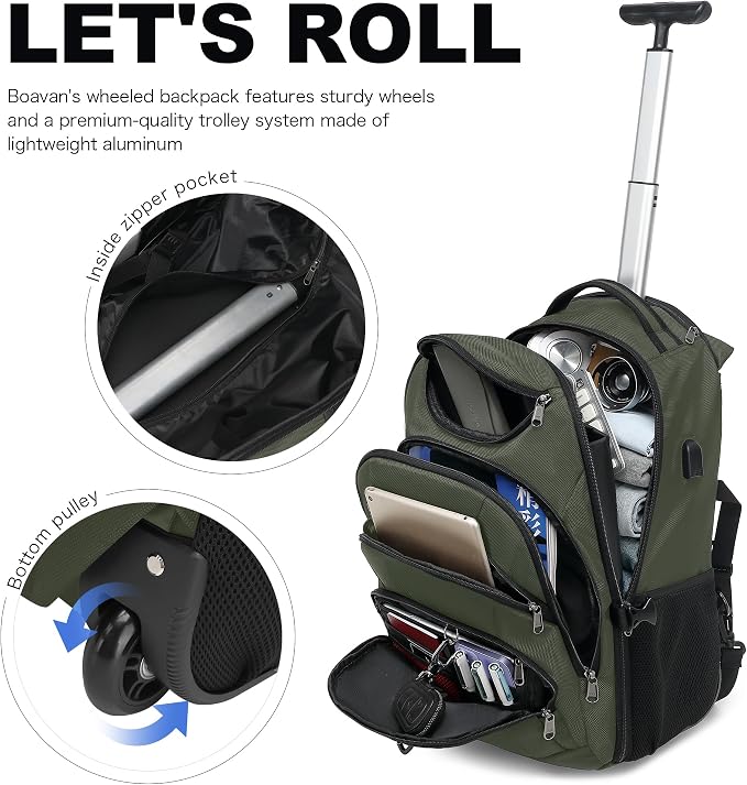 Boavan Rolling Backpack, 17 inch Water Resistant Wheeled Backpack, Carry on