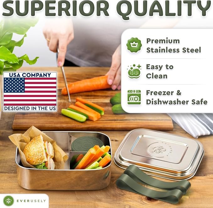 Everusely - Bento Box - Sage, 47oz / 1.4 L - Stainless Steel Lunch Box - 3