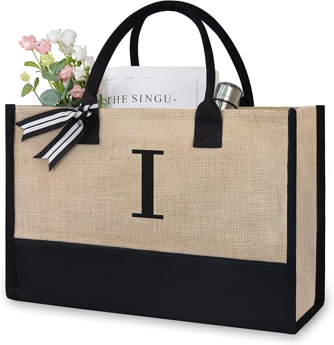 TOPDesign Initial Jute/Canvas Tote Bag, Personalized Present Bag, Suitable