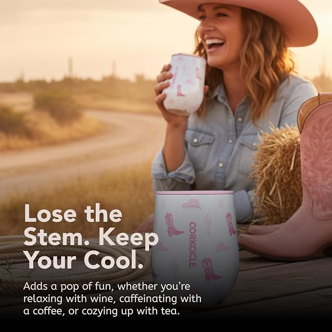 Corkcicle Classic Stemless Wine Tumbler - Keeps Drinks Cold for 6 Hours - Triple-Insulated Stainless Steel - Non-Slip Bottom - Summer Drinkware Gift - Keeps Drinks Ice Cold - 12 oz - Cowgirl
