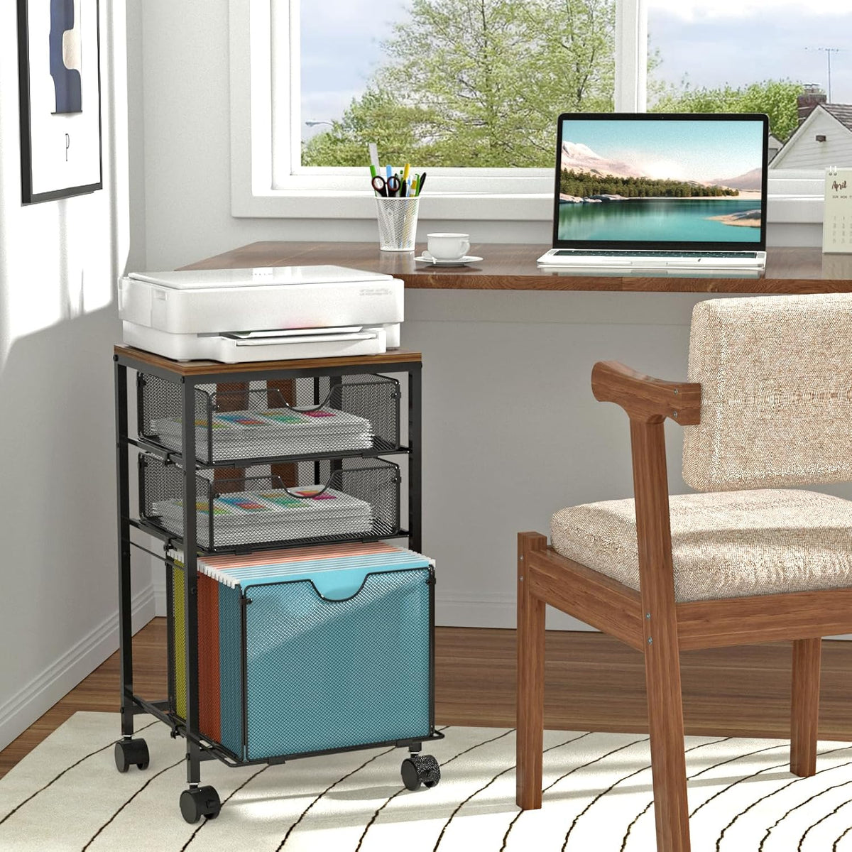 Rolling File Cart with 3 Storage Drawers, Wood & Mesh Hanging File Folder Organizer with Wheels Under Desk, File Cabinets for Home Office, 11.81" D x 14.8" W x 25.39" H, Black