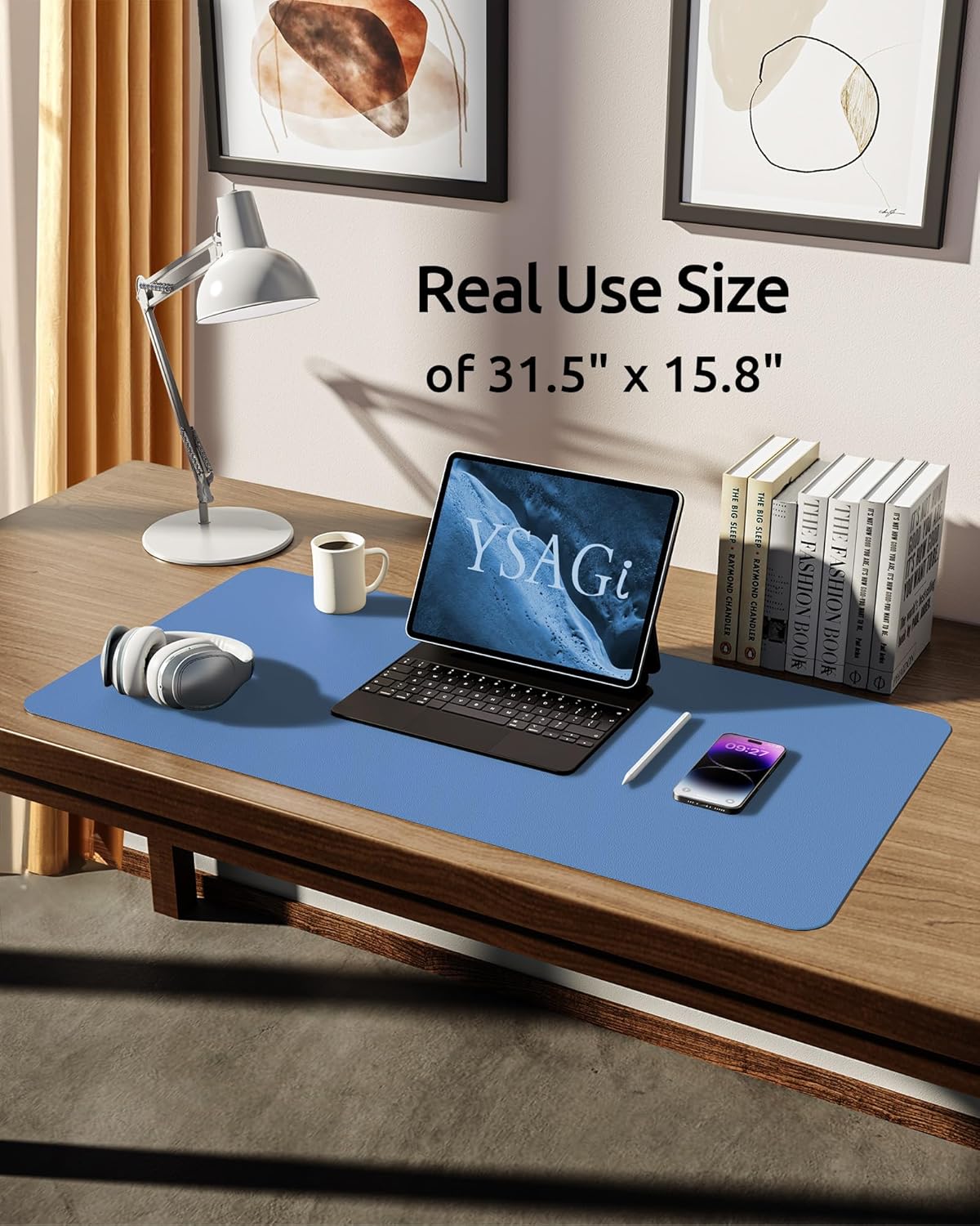 YSAGi Leather Desk Protector, Office Mat, Large Mouse Mat, Non-Slip PU Leather Blotter, Laptop Desk Pad, Waterproof Writing Pad for Office and Home (Sea Blue, 31.5" x 15.8")