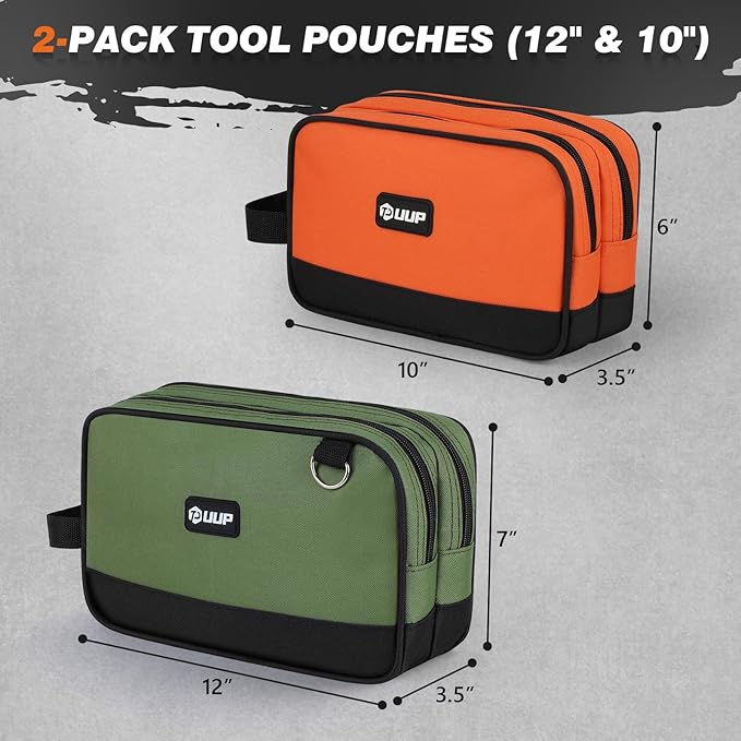 Small Tool Bag 2 Pack, Zipper Tool Pouch Two Compartments, 10 12 inch Utility