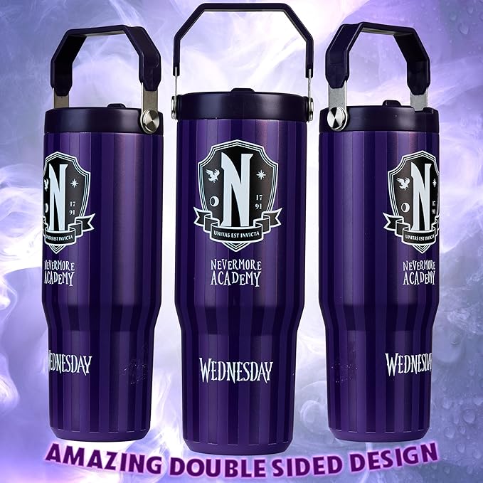 Get Trend Wednesday Tumbler with Straw 30oz Girls Teens Insulated Cup with Lid Handle Travel Mug Cups with Lids for School Sports Gifts for Girls (Purple Wednesday)