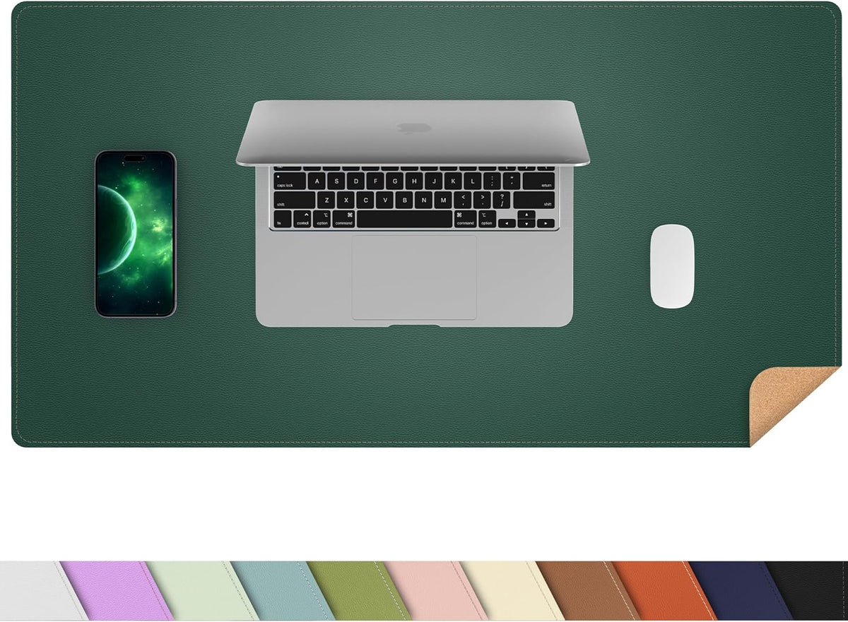 AFIING Dual-Sided Desk Pad, Natural Cork & PU Leather, Desk Mat Protector Non-Slip, Waterproof, Easy Clean,Large Mouse mats for Office and Home Work(Dark Green, 31.5"x17")
