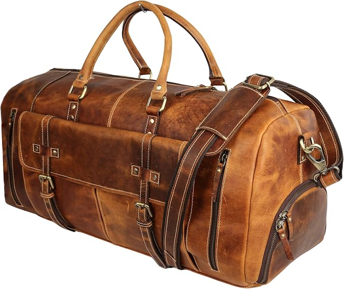 KomalC Leather Duffel Bags for Men and Women Full Grain Leather Travel