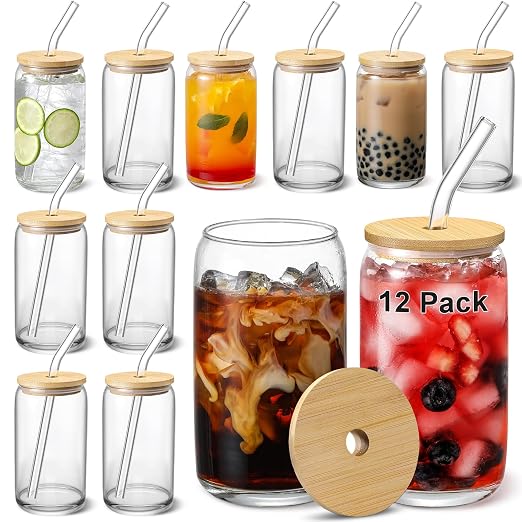 [ 12pcs Set ] Glass Cups with Bamboo Lids and Glass Straw - Beer Shaped Drinking Glasses, 16 oz Iced Coffee Glasses, Cute Tumbler Cup for Smoothie, Boba Tea, Whiskey, Water - 4 Cleaning Brushes