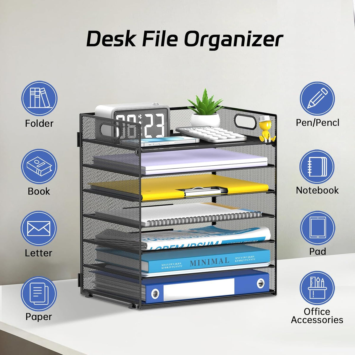 7-Tier Paper Organizer for Desk, Letter Tray with Handle Mesh Desk File Organizer, Workspace Organizers, Paper Sorter Organizer for Office Home School (Black)