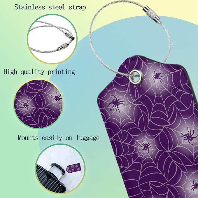 Halloween Luggage Tags Set of 2 Purple Spider Web Leather Suitcase Tags