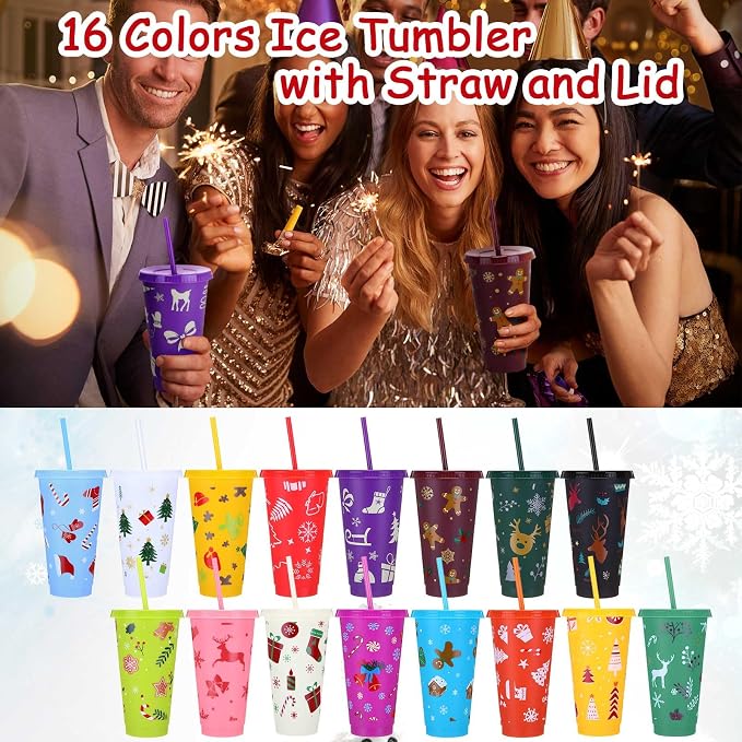 Honeydak 50 Pcs 24oz Christmas Cup Bulk Gift Tumbler with Straw and Lid Coffee Cups with Lids Holiday Gifts Bulk Reusable Plastic Water Bottle Iced Coffee Travel Mug for Party Birthdays