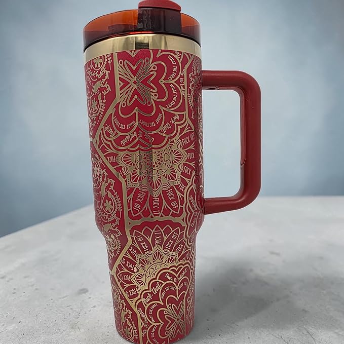 Hidden Cuss Word Tumbler 40oz Laser Engraved Funny Nurse Gift Swear Tumbler with Lid and Straw, Multicolor, Gag Gift Hidden Curse Words Stainless Steel Travel Mug (Red with Gold Underlay)