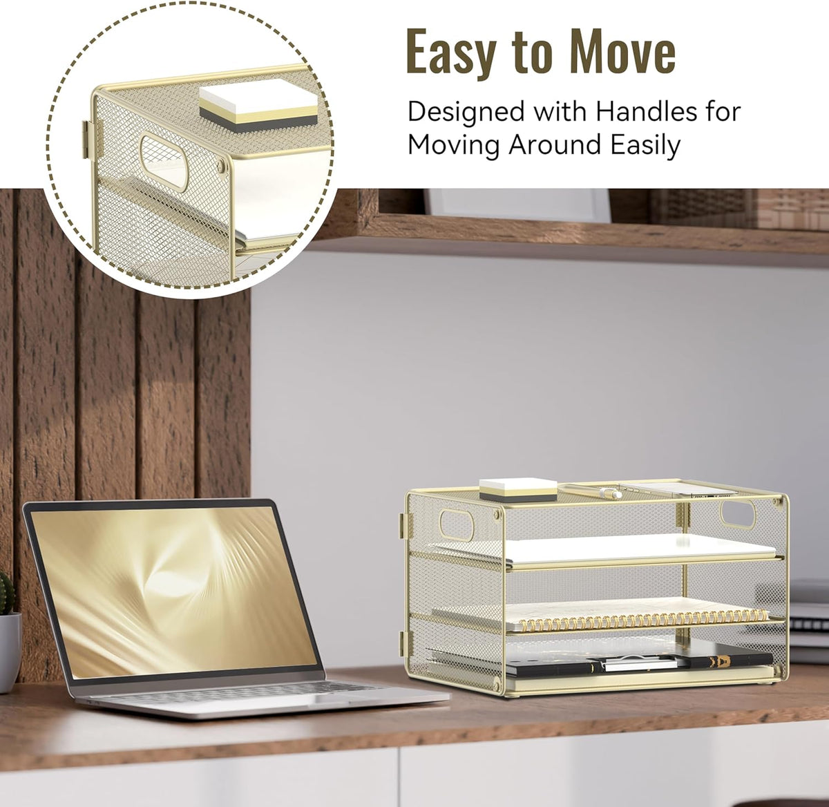 DALTACK 3 Tier Letter Tray Paper Organizer with Handle, Mesh Desk File Organizer, Paper Tray Desk Organizer for School Office Home, Metal Mesh, Golden Yellow