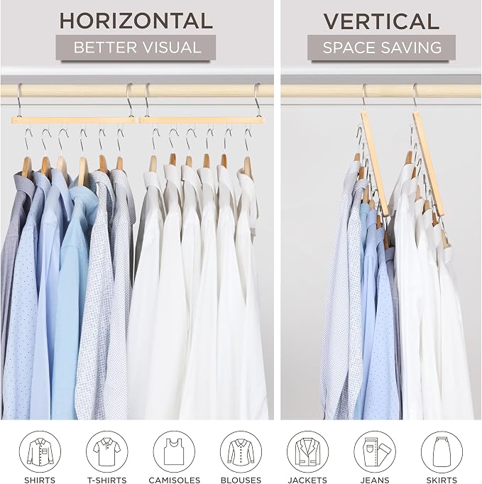 MORALVE Space Saving Hangers for Closet – 4 Pack European Beechwood 6-Tier