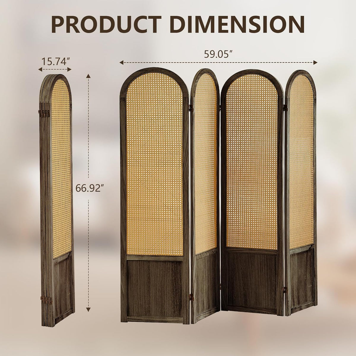 4 Panel Rattan Room Divier, Room Divider Panel and Folding Privacy Screens, Room Divider Wall, Solid Wood Frame, Partition Room Dividers, Bedroom, Dining Room, Lounge, Dark Brown