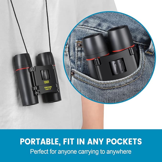 12X25 Mini Pocket Binoculars Compact, Small Lightweight Foldable