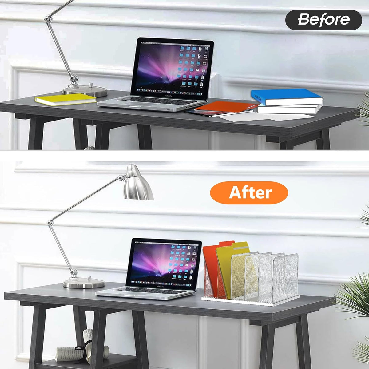Kuntine.B Desk File Organizer Upright Mesh Desktop Organizer File Sorter Office Organization File Holder for Home, Office & Classroom (Silver, 1 Pack 5-Section)