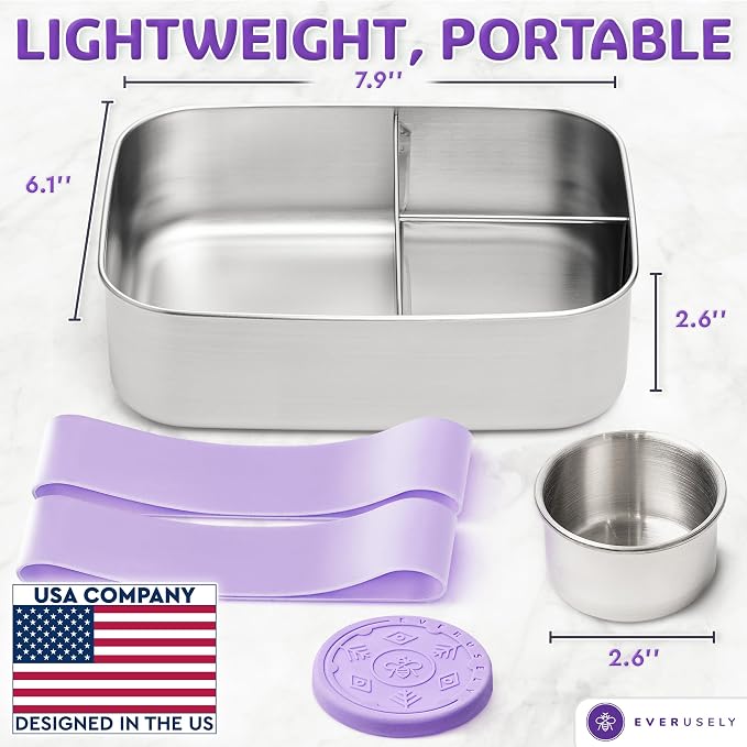 Everusely - Bento Box - Lavender, 47oz / 1.4 L - Stainless Steel Lunch Box - 3